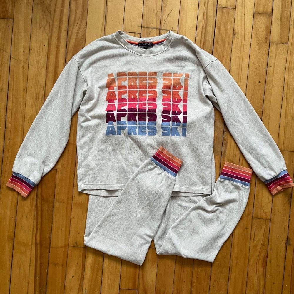 PJ Salvage Après Ski Sweatshirt Pyjama Pajama Jogger Set Gray Rainbow Stripe XS